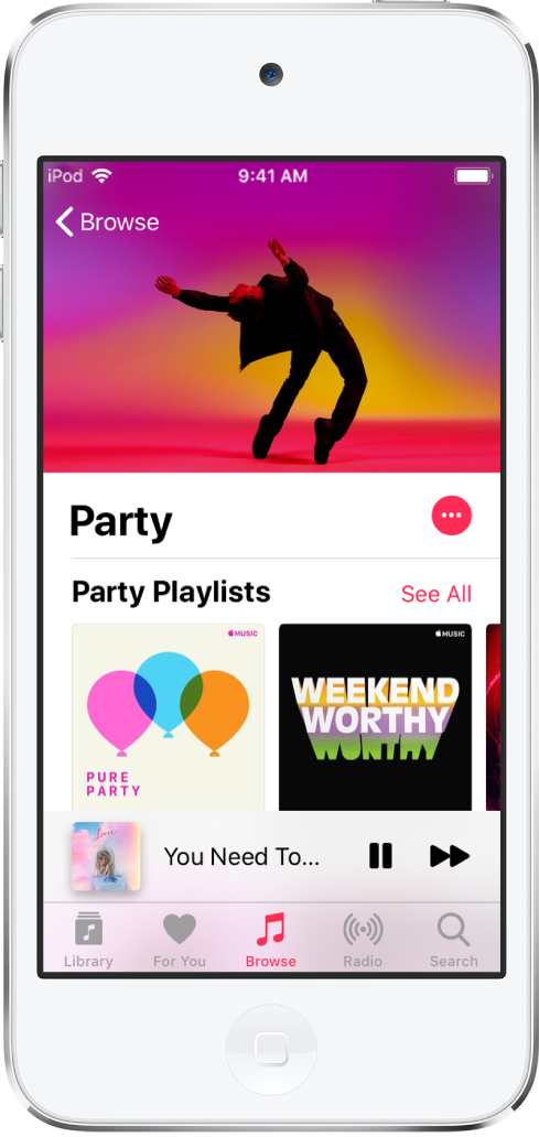 Экран «Обзор», на котором показана служба Apple Music c плейлистами для вечеринки.