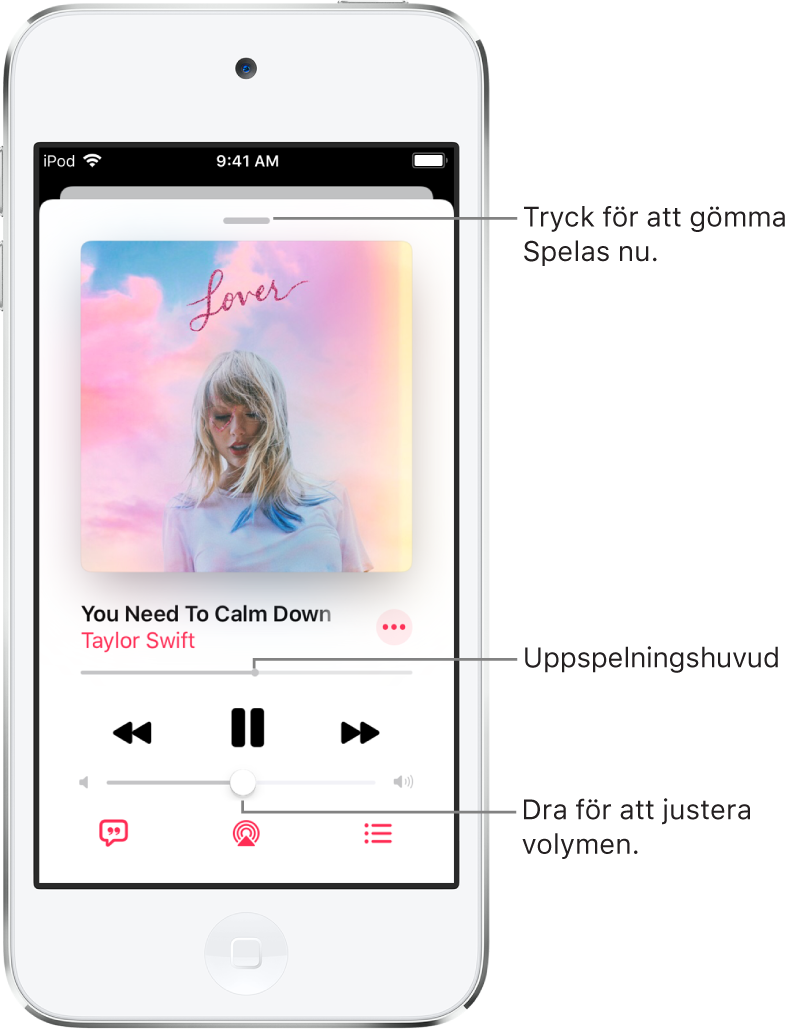 Skärmen Spelas nu med albumbilden. Nedanför finns låttiteln, artistens namn, merknappen, uppspelningshuvudet, uppspelningsreglage, volymreglaget, låttextknappen, knappen för uppspelningsmålplats och knappen Nästa som spelas. Överst finns knappen som gömmer Spelas nu.