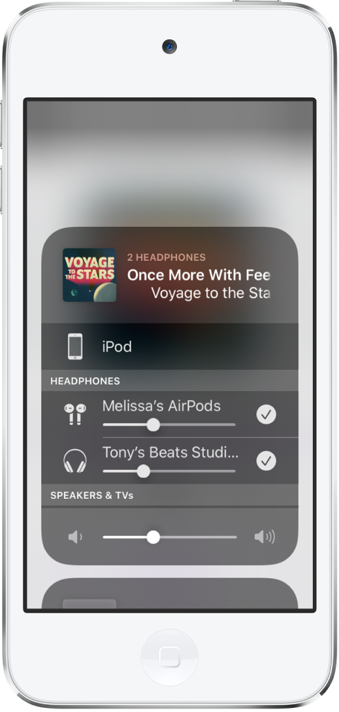 iPod touch-skärmen som visar två par anslutna AirPods.