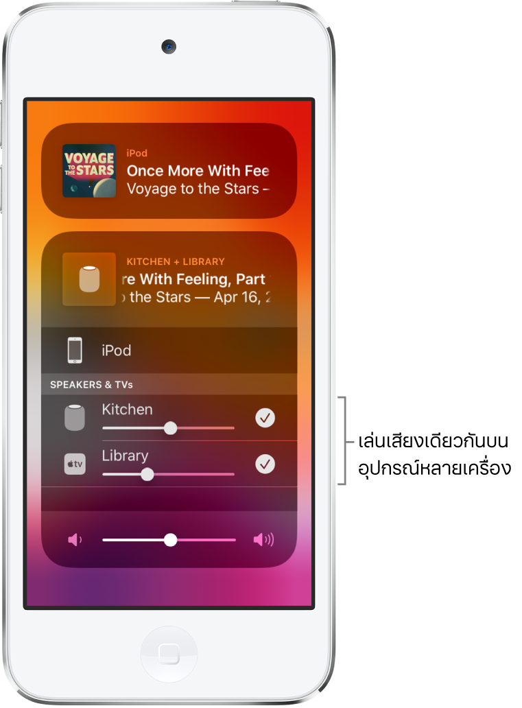 หน้าจอ iPod touch ที่แสดง HomePod และ Apple TV ถูกเลือกเป็นปลายทางเสียง