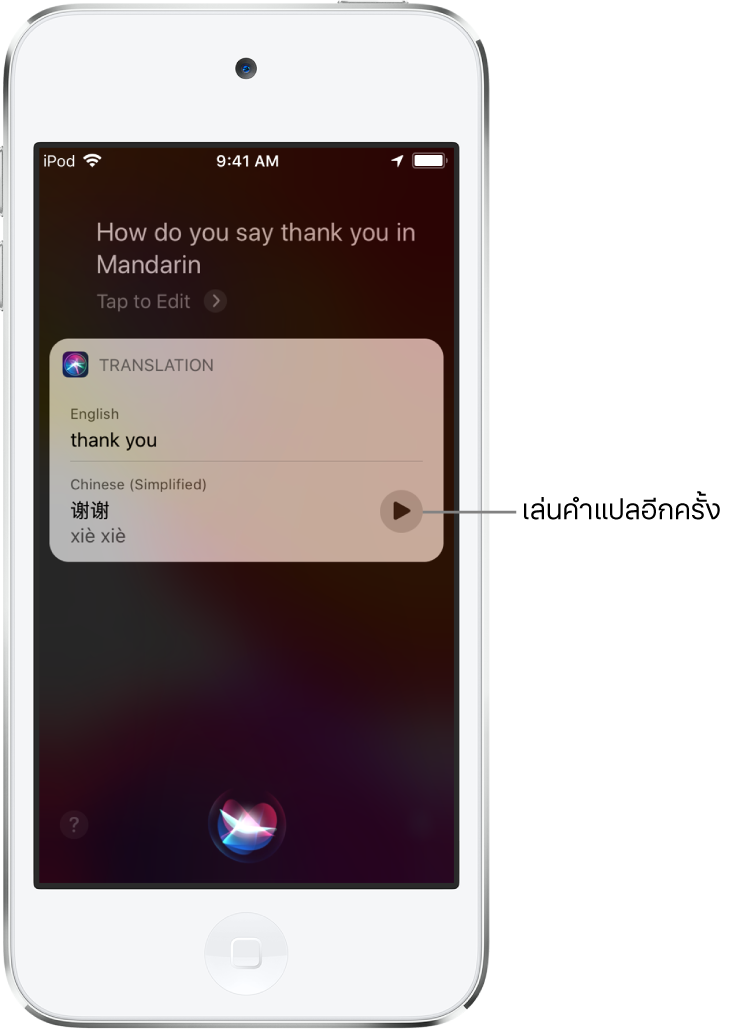 ในการตอบคำถาม “พูดว่าขอบคุณในภาษาจีนกลางว่ายังไง” Siri จะแสดงคำแปลของวลีภาษาไทย “ขอบคุณ” เป็นภาษาจีนกลาง ปุ่มที่อยู่ทางด้านขวาของคำแปลจะเล่นเสียงคำแปลอีกครั้ง
