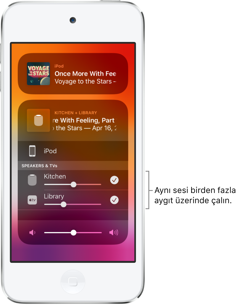 Seçili ses hedefleri olarak HomePod’un ve Apple TV’nin gösterildiği iPod touch ekranı.
