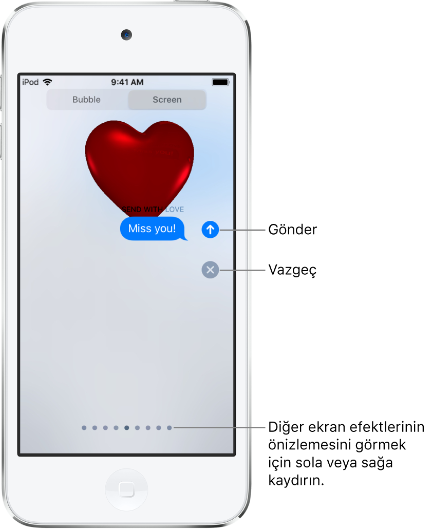Kırmızı bir kalple tam ekran efektinin gösterildiği bir mesaj önizlemesi.