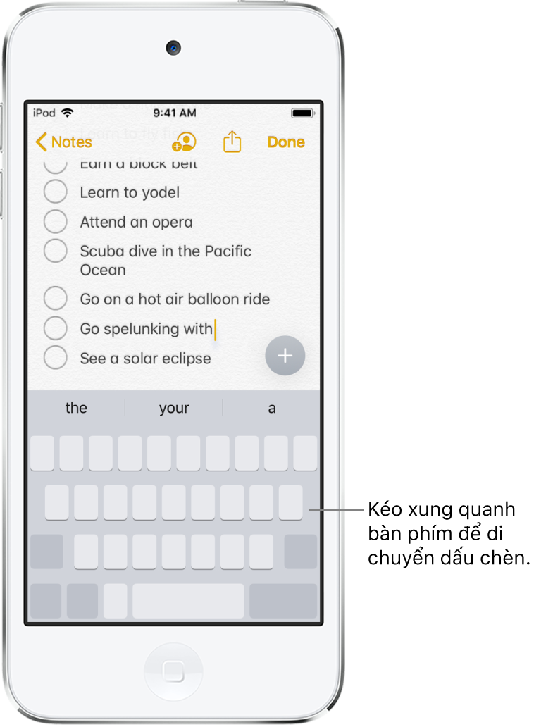 Một ghi chú đang được sửa sau khi bàn phím được chuyển thành bàn di chuột. Bàn phím được làm mờ để cho biết rằng bàn phím đó hiện hoạt động như bàn di chuột.