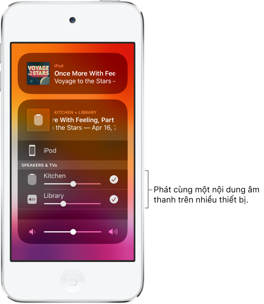 Màn hình iPod touch đang hiển thị HomePod và Apple TV dưới dạng đích âm thanh được chọn.