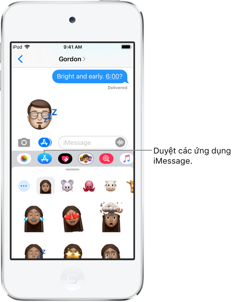 Cuộc hội thoại trong Tin nhắn, với nút Trình duyệt ứng dụng của iMessage được chọn. Ngăn kéo ứng dụng đang mở hiển thị các nhãn dán mặt cười.