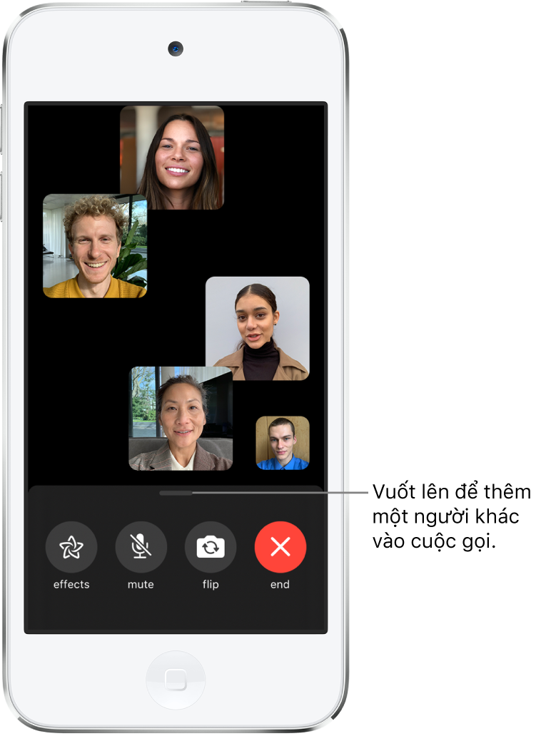 Một cuộc gọi FaceTime nhóm với năm người tham gia, bao gồm người tạo. Mỗi người tham gia sẽ xuất hiện trong một ô riêng biệt. Các điều khiển ở cuối màn hình là hiệu ứng, tắt tiếng, lật và kết thúc.