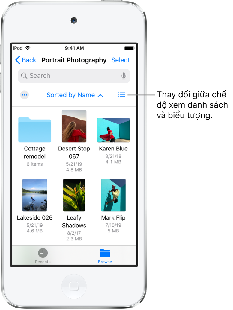 Vị trí trên iCloud Drive cho các tệp Nhiếp ảnh. Các mục được sắp xếp theo tên và có một thư mục có tên Tu sửa nhà gỗ và sáu tài liệu: Desert Stop, Karen Blue, Lakeside, Leafy Shadows, Mark Flip và Susan Green. Một nút để thay đổi giữa chế độ xem danh sách và biểu tượng xuất hiện gần phía trên bên phải.