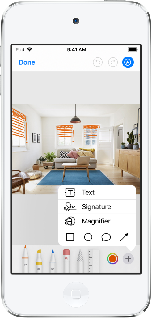 一张照片上标记有橙色线条，表示窗户上的遮光帘。绘图工具和颜色挑选器出现在屏幕底部。右下角显示的菜单中包含用于添加文本、签名、放大镜和形状的选项。