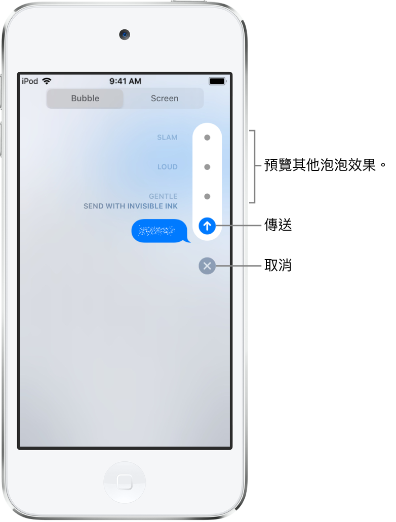帶有隱形墨水效果的訊息預覽。在右側，點一下控制項目來預覽其他泡泡效果。再點一下相同的控制項目來傳送，或點下方的「取消」按鈕來返回訊息。