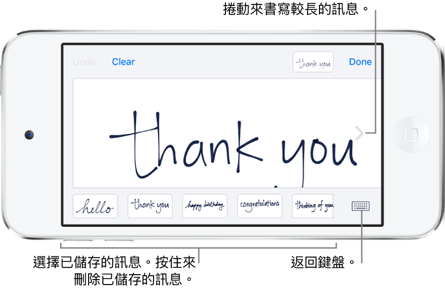 手寫畫面帶有手寫訊息。底部由左至右，為儲存的訊息和「顯示鍵盤」按鈕。