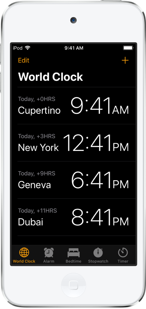 「世界時鐘」標籤頁，顯示各個城市的時間。點一下左上角的「編輯」來排列時鐘。點一下右上角的「加入」按鈕來加入更多時鐘。「鬧鐘」、「就寢時間」、「碼錶」和「計時器」按鈕排列在底部。