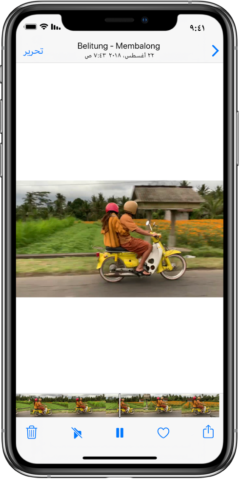 مشغل الفيديو في وسط الشاشة. في أسفل الشاشة، يقوم عارض الإطارات بعرض الإطارات من اليمين إلى اليسار. أسفل عارض الإطارات، من اليمين إلى اليسار، توجد أزرار مشاركة والمفضلة وإيقاف مؤقت وكتم وحذف.
