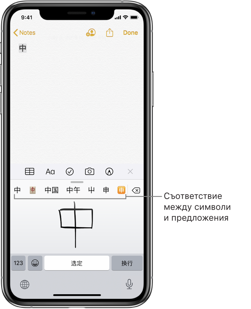 Приложението Notes (Бележки), показващо трекпада, отворен в долната половина на екрана. В трекпада има изписан на ръка символ на опростен китайски. Предложените символи са точно отгоре, а избраният символ е представен най-отгоре в бележката.