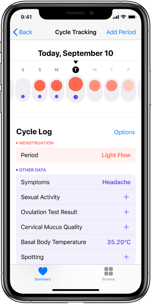 Екранът Cycle Tracking (Следене на цикъла), показващ в горния край линия на времето за една седмица. Плътните червени точки показват първите три дена, а последните два дена са светло сини. Под линията на времето са опциите за добавяне на информация за цикли, симптоми и други.