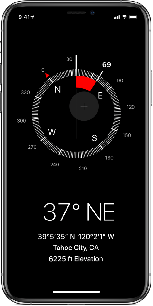 Екран на приложението Compass (Компас), показващ посоката, в която сочи iPhone, вашето текущо местоположение и надморска височина.