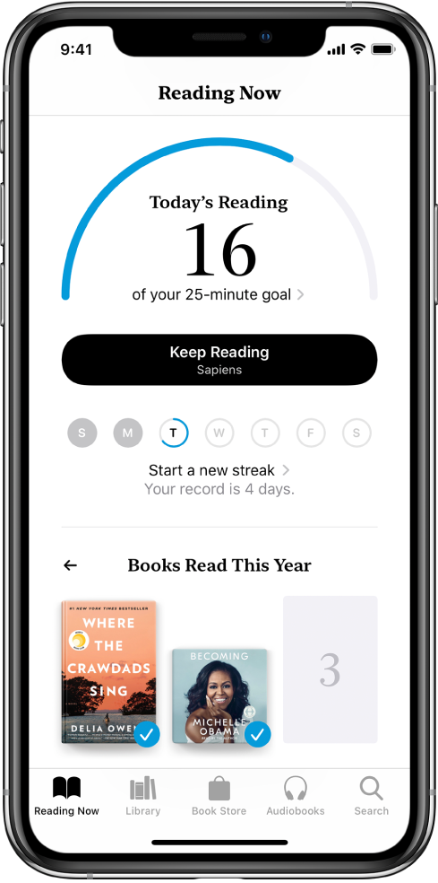 Секцията Reading Goals (Цели за четене) в етикета Reading Now (Четени в момента). Броячът за четене показва, че 10 минути от поставената цел от 20 минути вече са завършени. Под брояча се намират бутон Keep Reading (Продължи четенето) и кръгове, които показват дните от седмицата, от неделя до събота, а синият контур около кръга показва напредъка в четенето за този ден. В долния край на страницата са кориците на Books Read This Year (Книги, прочетени през годината).