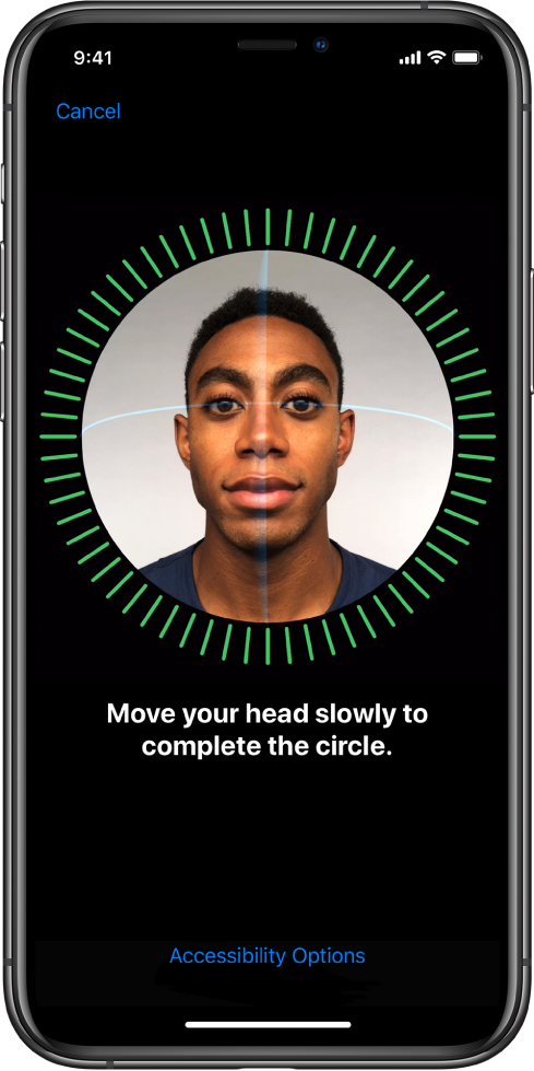 Екран, показващ процеса на настройване на Face ID.