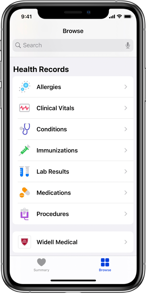 Екранът Health Records (Здравни записи) в приложението Health (Здраве). В екрана са изброени категории, които включват Allergies (Алергии), Clinical Vitals (Клинични показатели) и Conditions (Заболявания). Под списъка с категории има бутон Widell Medical. В долния край на екрана е избран бутонът Browse (Преглед).