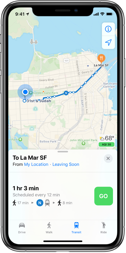 Карта, показваща маршрут с обществен транспорт в Сан Франциско. Картичката на маршрута в долния край на екрана съдържа бутон Go (Тръгни).