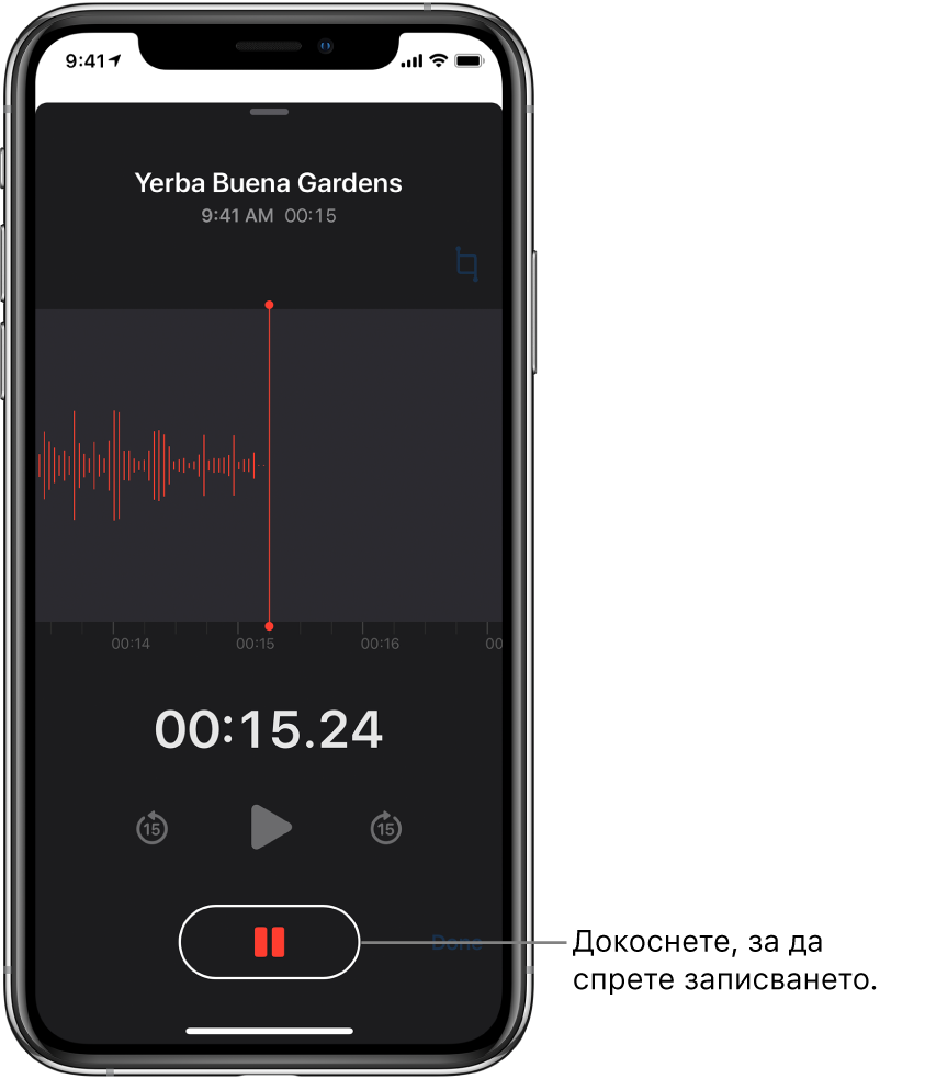 Екран на Voice Memos (Гласови бележки), показващ процес на запис с активен бутон Пауза и недостъпни бутони за възпроизвеждане, преминаване напред с 15 секунди и връщане назад с 15 секунди. Основната част на екрана показва формата на звуковата вълна на активния запис, заедно с индикатор за времето.