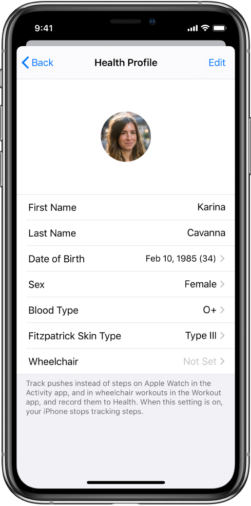 Екранът Health Profile (Здравен профил) за 34-годишна жена с кръвна група O+.