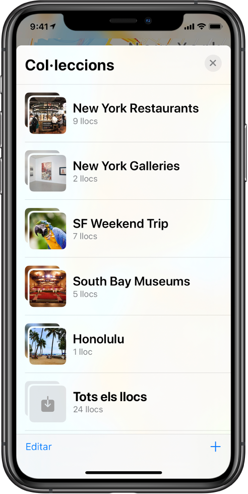 Llista de col·leccions a l’app Mapes. Les col·leccions, de dalt a baix, són: Restaurants de Nova York, Galeries de Nova York, Escapada a SF, Museus de South Bay, Honolulu i “Tots els llocs”. A la part inferior esquerra hi ha el botó Editar, i a la part inferior dreta el botó Afegir.