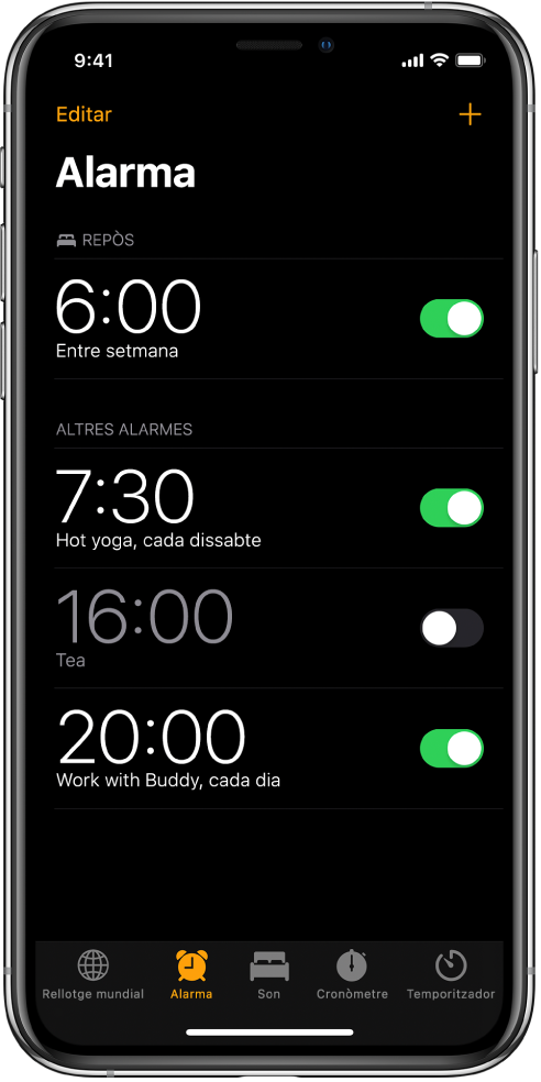 Pestanya Alarma que mostra quatre alarmes configurades per a diferents hores.