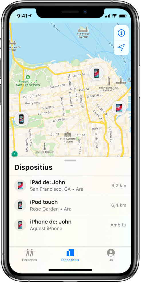 Hi ha tres dispositius a la llista Dispositius: l’iPad del John, l’iPod touch del John i l’iPhone del John. Les seves ubicacions es mostren en un mapa de San Francisco.