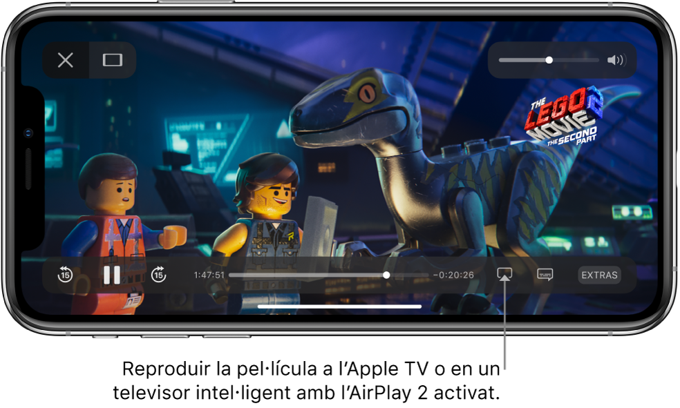 Reproducció d’una pel·lícula en curs a la pantalla de l’iPhone. A la part inferior de la pantalla hi ha els controls de reproducció, inclòs el botó “Duplicar pantalla” a prop de la part inferior dreta.