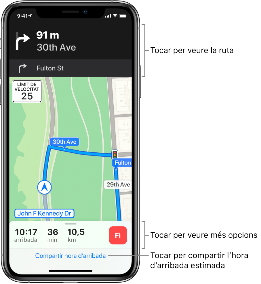 Mapa que mostra una ruta en cotxe amb una instrucció per girar a la dreta d’aquí a menys de 90 metres. A prop de la part inferior del mapa, a l’esquerra del botó Fi, hi ha l’hora d’arribada, el temps de viatge i els quilòmetres totals. “Compartir hora d’arribada” apareix a la part inferior de la pantalla.