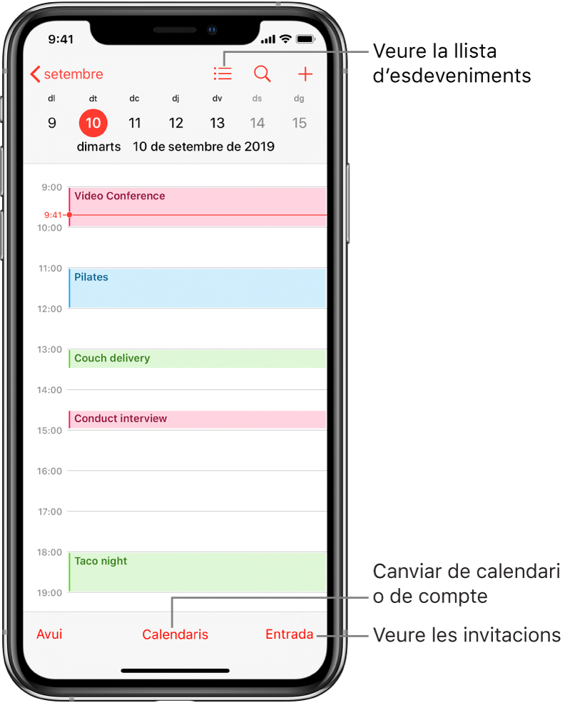 Calendari en vista de dia on es mostren els esdeveniments del dia. Toca el botó Calendaris, al capdavall de la pantalla per canviar els comptes del calendari. Toca el botó Entrada de l’angle inferior dret per veure les invitacions.