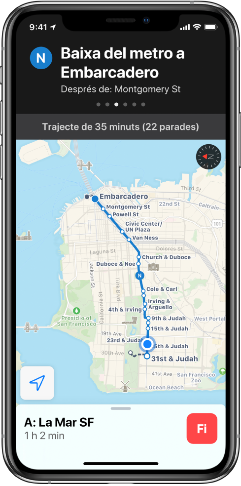 Mapa d’una ruta de transport públic de San Francisco. La targeta de la ruta a la part superior de la pantalla mostra la instrucció “Baixa del tren a Embarcadero”.