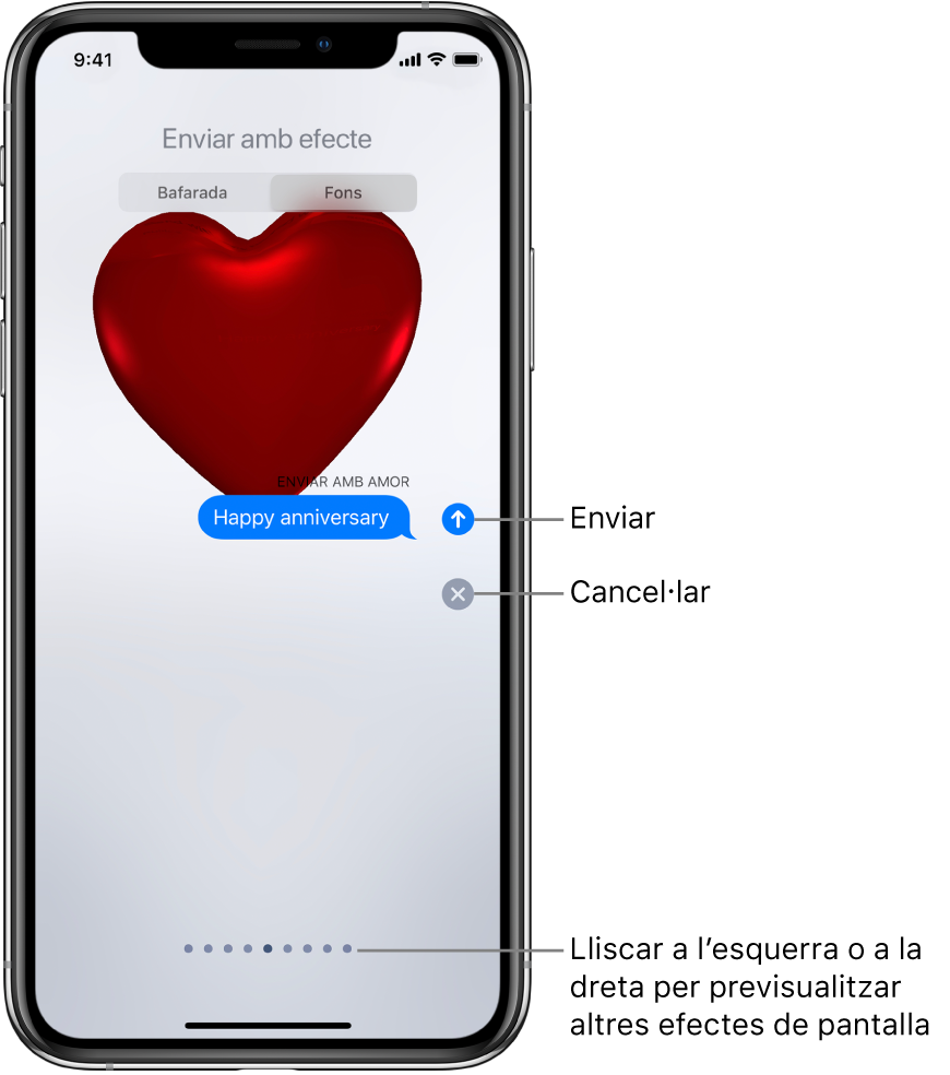 Previsualització d’un missatge on es mostra un efecte de pantalla completa amb un cor vermell.