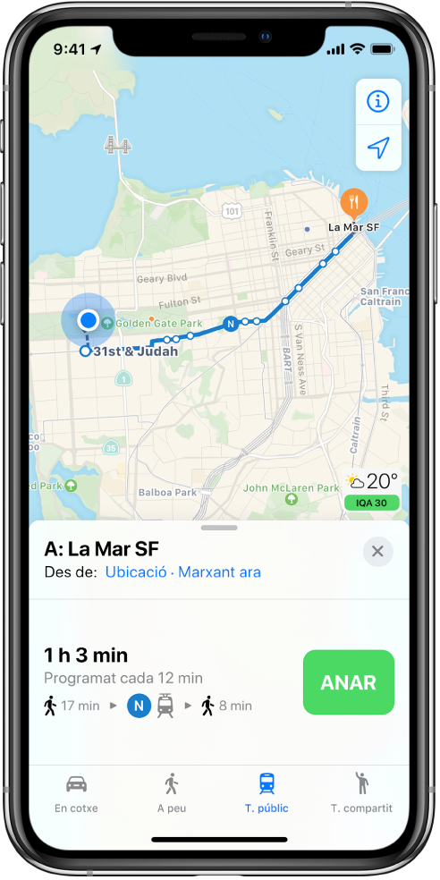 Mapa que mostra una ruta de transport públic de San Francisco. La targeta de la ruta de la part inferior de la pantalla inclou el botó Anar.