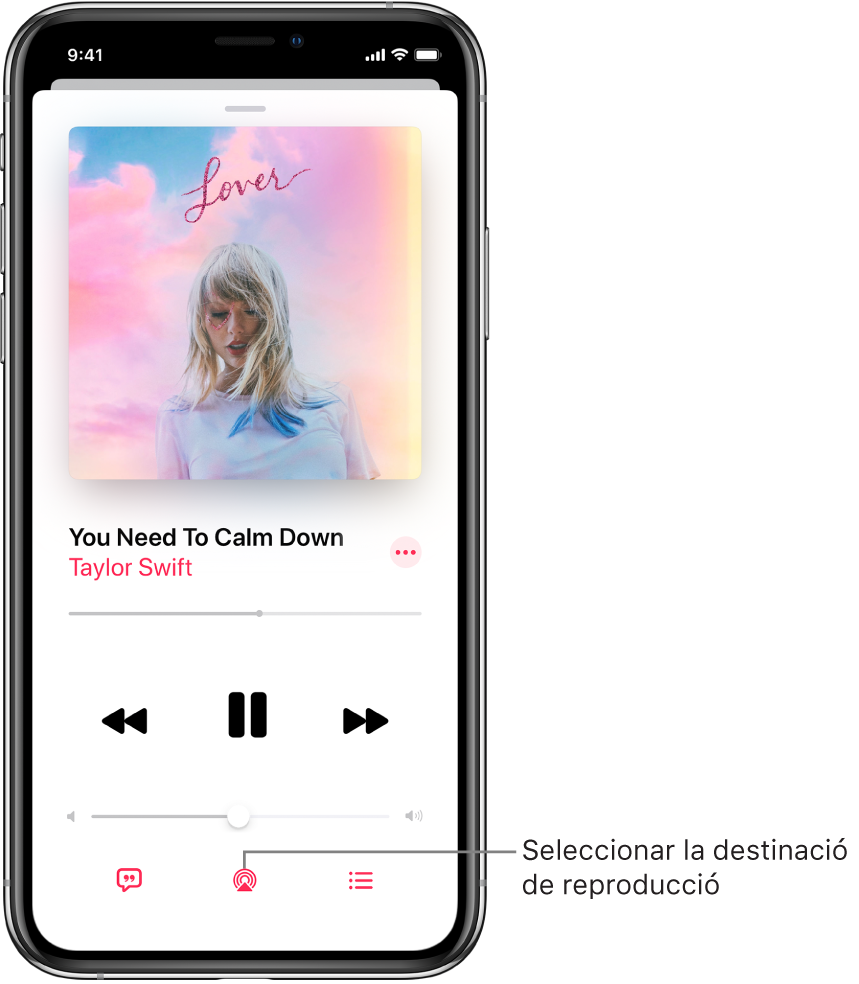 Controls de reproducció de la pantalla “S’està reproduint” de l’app Música, inclòs el botó “Destinació de reproducció” de la part inferior de la pantalla.