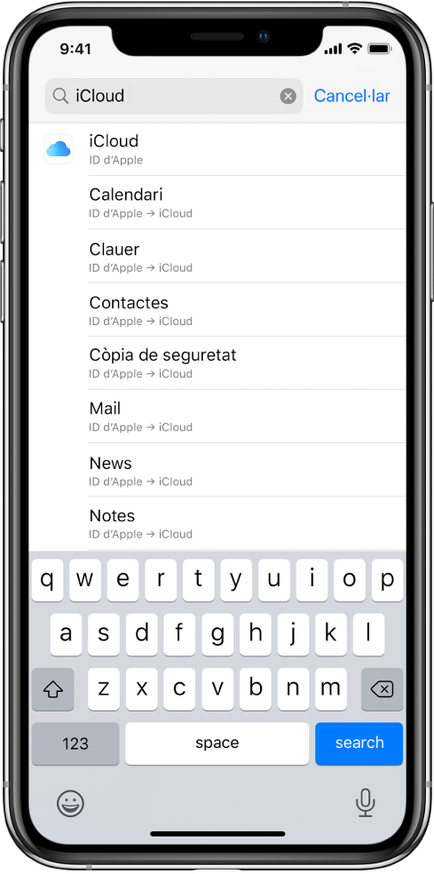 Pantalla de configuració de cerca amb el camp de cerca al capdamunt. Hi ha la paraula de cerca “iCloud” al camp de cerca i els resultats de paràmetres a la llista de sota.