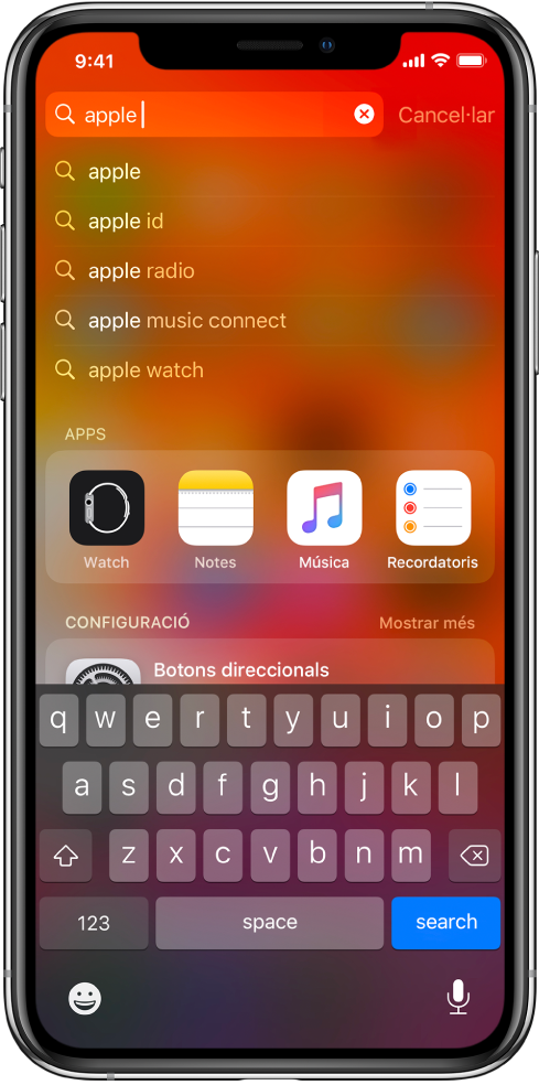 Pantalla que mostra una cerca a l’iPhone. A la part superior hi ha el camp de cerca amb el text de cerca “apple” i, a sota, els resultats de cerca d’aquest text.