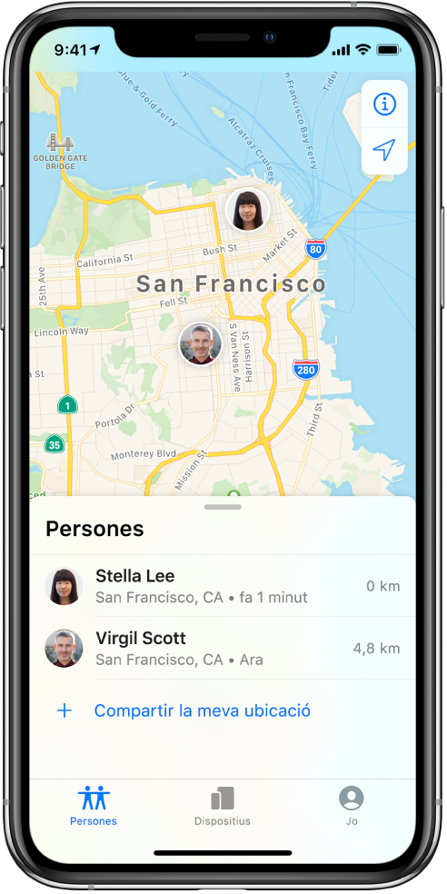 Hi ha dos amics a la llista Persones: Stella Lee i Virgil Scott. Les seves ubicacions es mostren en un mapa de San Francisco.