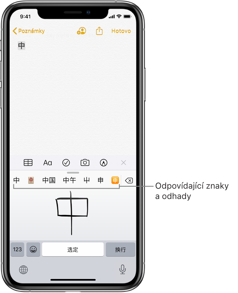 Obrazovka s aplikací Poznámky, v jejíž dolní polovině je zobrazen otevřený touchpad. Na touchpadu je rukou nakreslený znak zjednodušené čínštiny. Přímo nad ním se zobrazují navrhované znaky a u horního okraje poznámky je vybraný znak