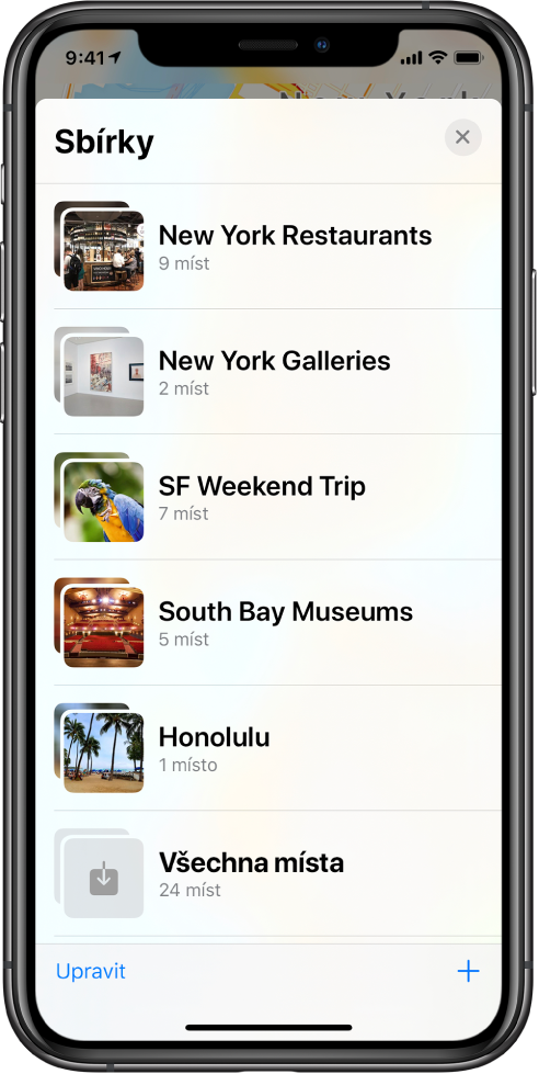 Seznam sbírek v aplikaci Mapy. V seznamu jsou vidět sbírky Restaurace v New Yorku, Galerie v New Yorku, Výlet do SF, Muzea v South Bay, Honolulu a Všechna místa. Vlevo dole se nachází tlačítko Upravit a vpravo dole tlačítko Přidat