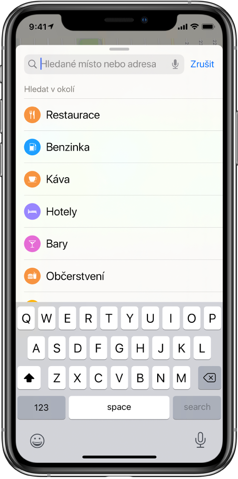 Pod vyhledávacím polem je vidět seznam šesti služeb: Restaurace, Čerpací stanice, Kavárny, Hotely, Bary a Rychlé občerstvení