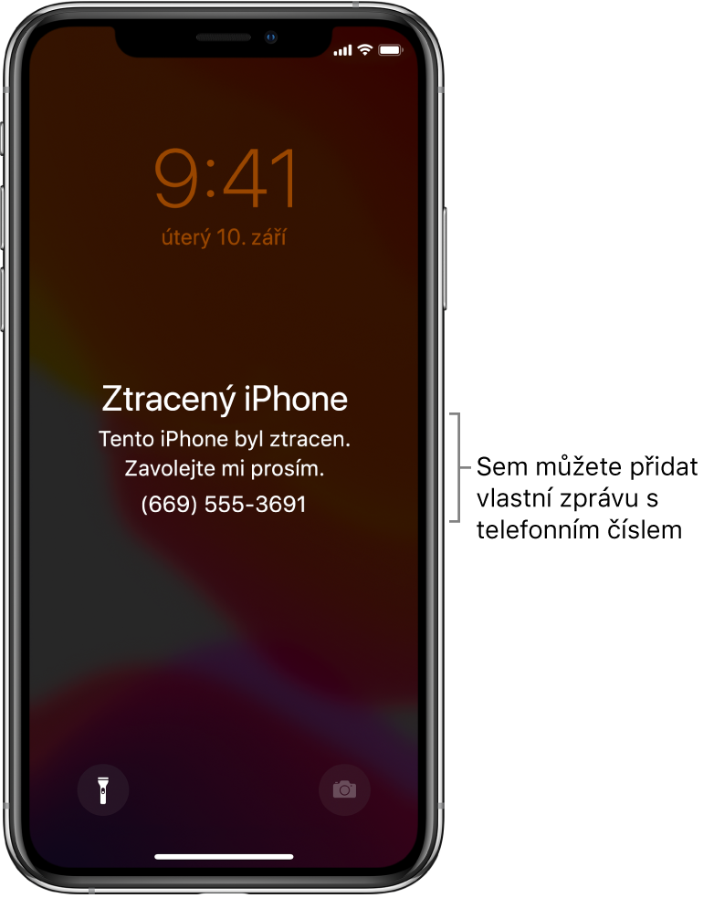 Zamčená obrazovka iPhonu se zprávou: „Ztracený iPhone. Tento iPhone byl ztracen. Zavolejte mi prosím. (669) 555-3691.“ Podle potřeby si můžete nastavit vlastní zprávu s telefonním číslem.