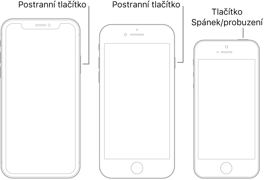 Postranní tlačítko nebo tlačítko Spánek/probuzení na třech různých modelech iPhonu