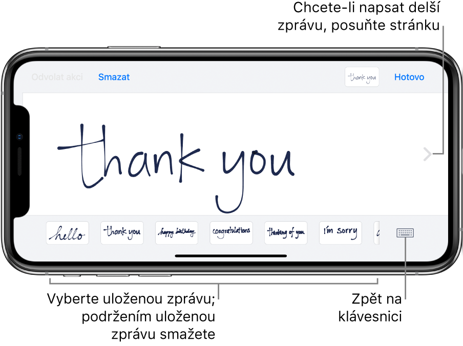 Obrazovka pro ruční psaní s ručně napsanou zprávou. Dole jsou zleva doprava rozmístěny uložené zprávy a tlačítko Zobrazit klávesnici.