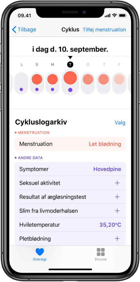 Skærmen Menstruationscyklus i appen Sundhed.