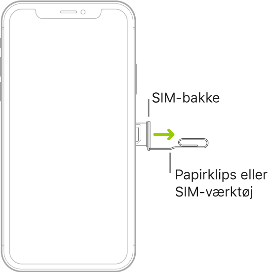 Før en papirclips eller værktøjet til SIM-kort ind i det lille hul i bakken på højre side af iPhone for at skubbe bakken ud og fjerne den.