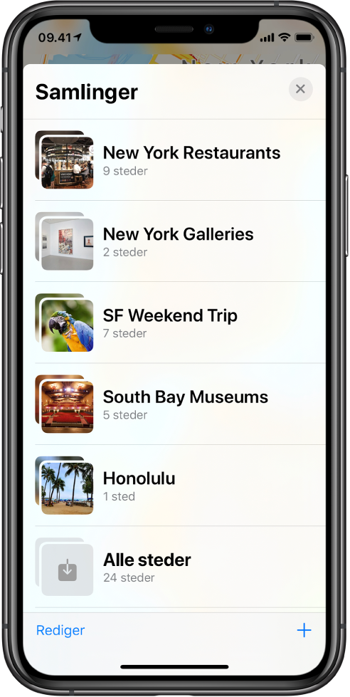 En liste af samlinger i appen Kort. Samlingerne er fra øverst til nederst New York Restaurants, New York Galleries, SF Weekend Trip, South Bay Museums, Honolulu og All Places. Nederst til venstre findes knappen Rediger, og nederst til højre findes knappen Tilføj.