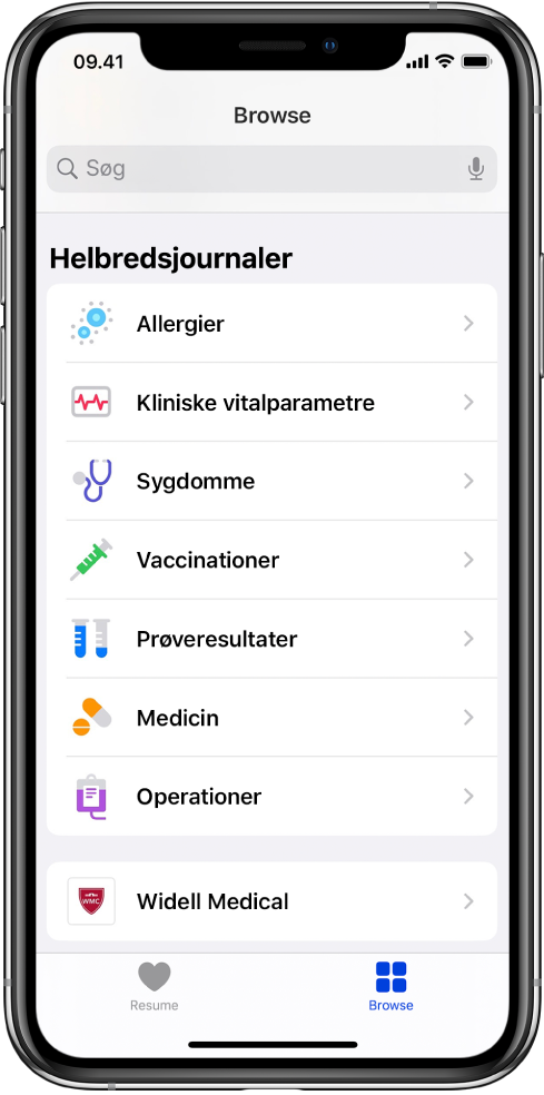 Skærmen Helbredsjournaler i appen Sundhed. Skærmen viser lister over kategorier som Allergier, Kliniske vitalparametre og Sygdomme Under listen over kategorier findes knappen Widell Medical Nederst på skærmen er knappen Browse valgt.