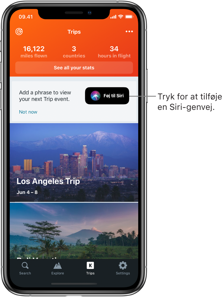 Skærmen i en rejseapp. Knappen Føj til Siri findes til højre for teksten “Tilføj et udtryk for at se din næste rejsebegivenhed”.